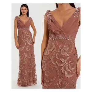 NEW Mac Duggal Pink Floral Beaded Chiffon V-Neck Evening Gown $698 - Size 14